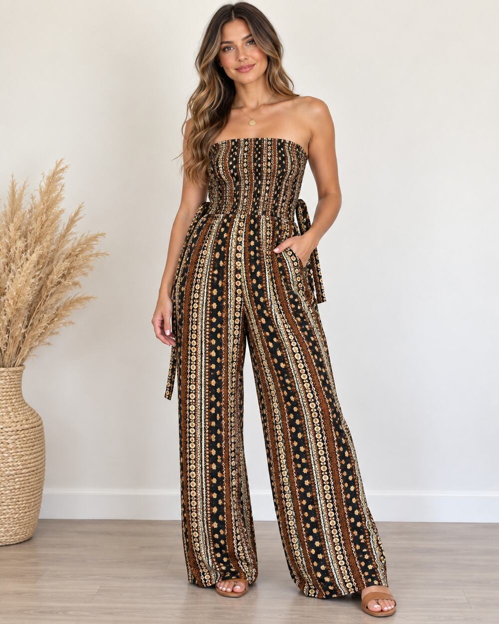 Boho Strapless Wide Leg Jumpsuit Black Brown Floral Print Tie Back